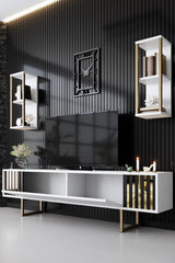 TV furniture set Gold Line White Black Melamine 180x48x30 cm