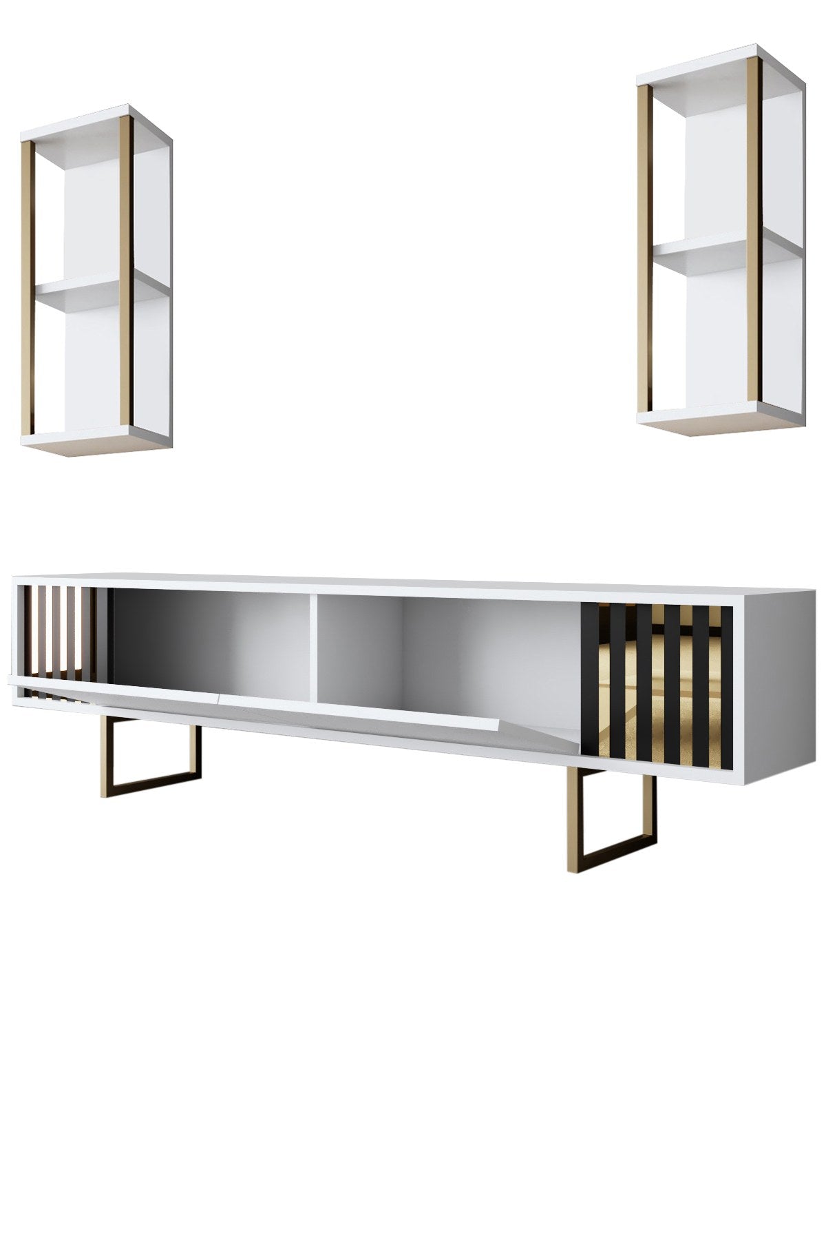 TV furniture set Gold Line White Black Melamine 180x48x30 cm