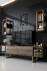 TV furniture set gold line walnut black melamine 180x48x30 cm