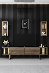 TV furniture set gold line walnut black melamine 180x48x30 cm