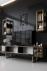 TV furniture set gold line walnut black melamine 180x48x30 cm