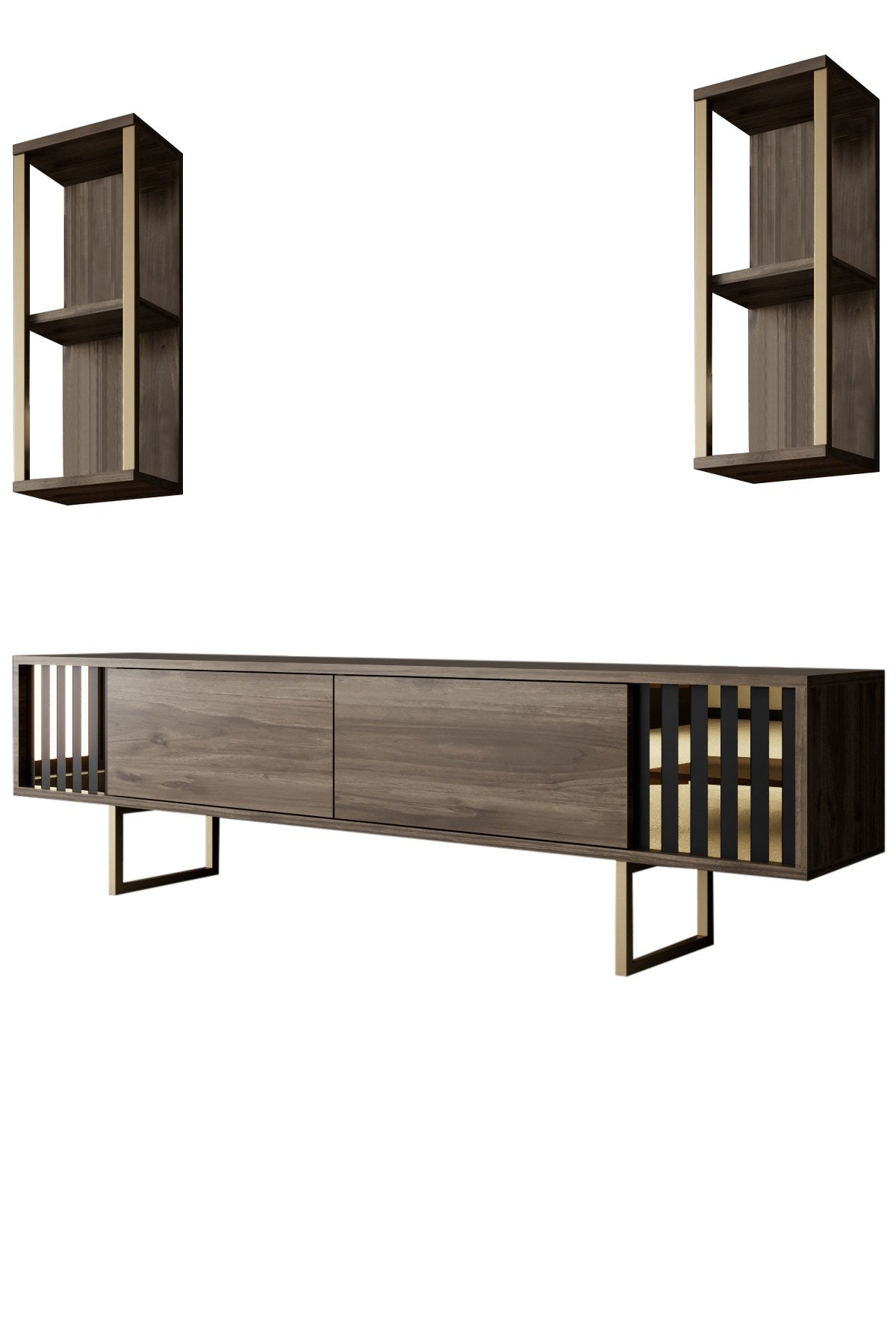 TV furniture set gold line walnut black melamine 180x48x30 cm