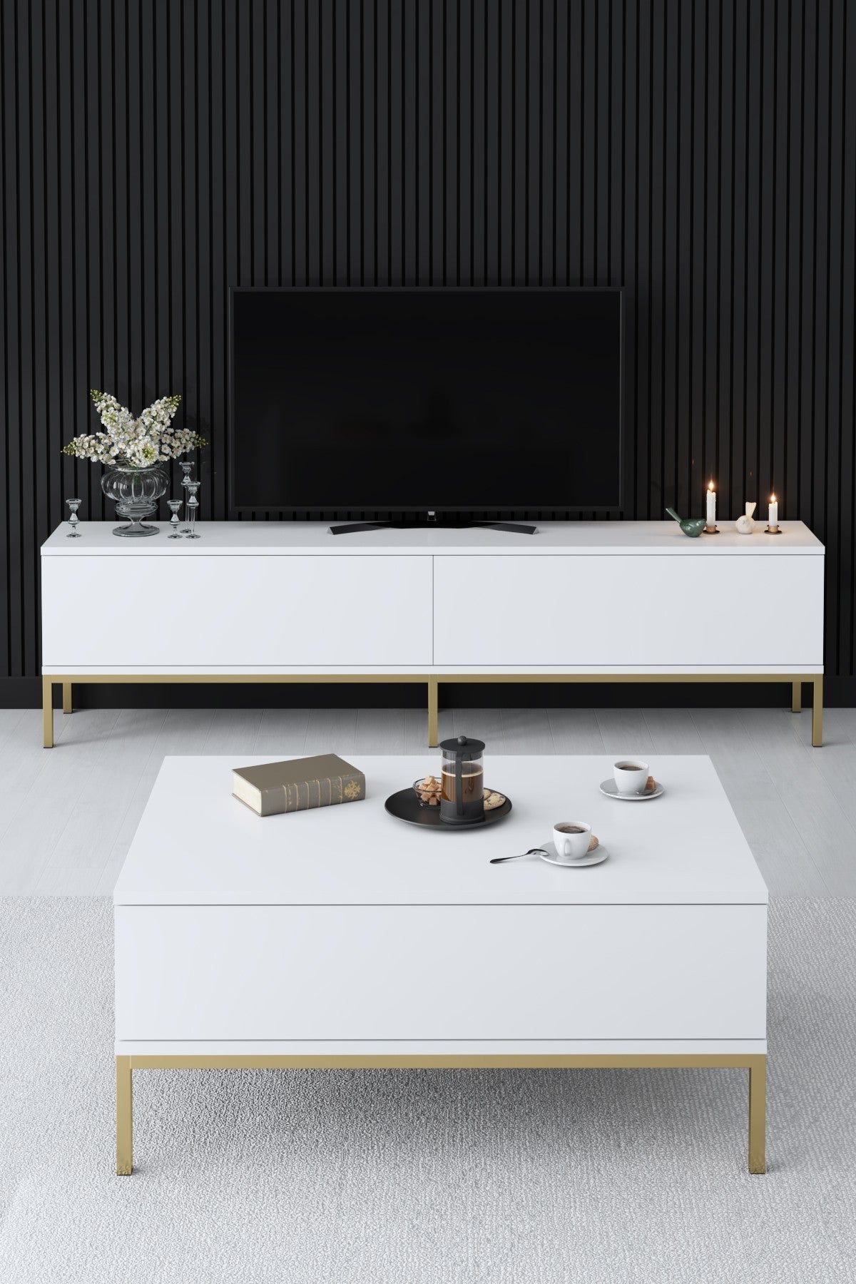 TV furniture Lord white gold melamine 180x47x30 cm