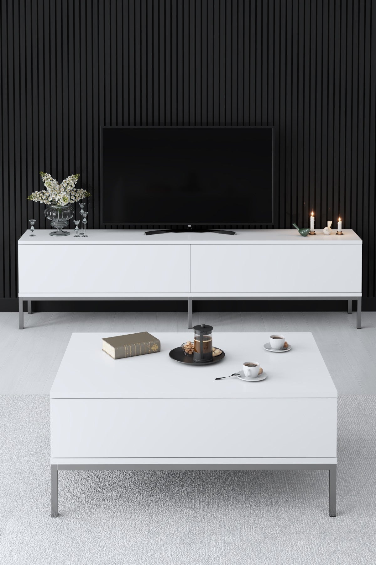 TV furniture Lord white silver melamine 180x47x30 cm