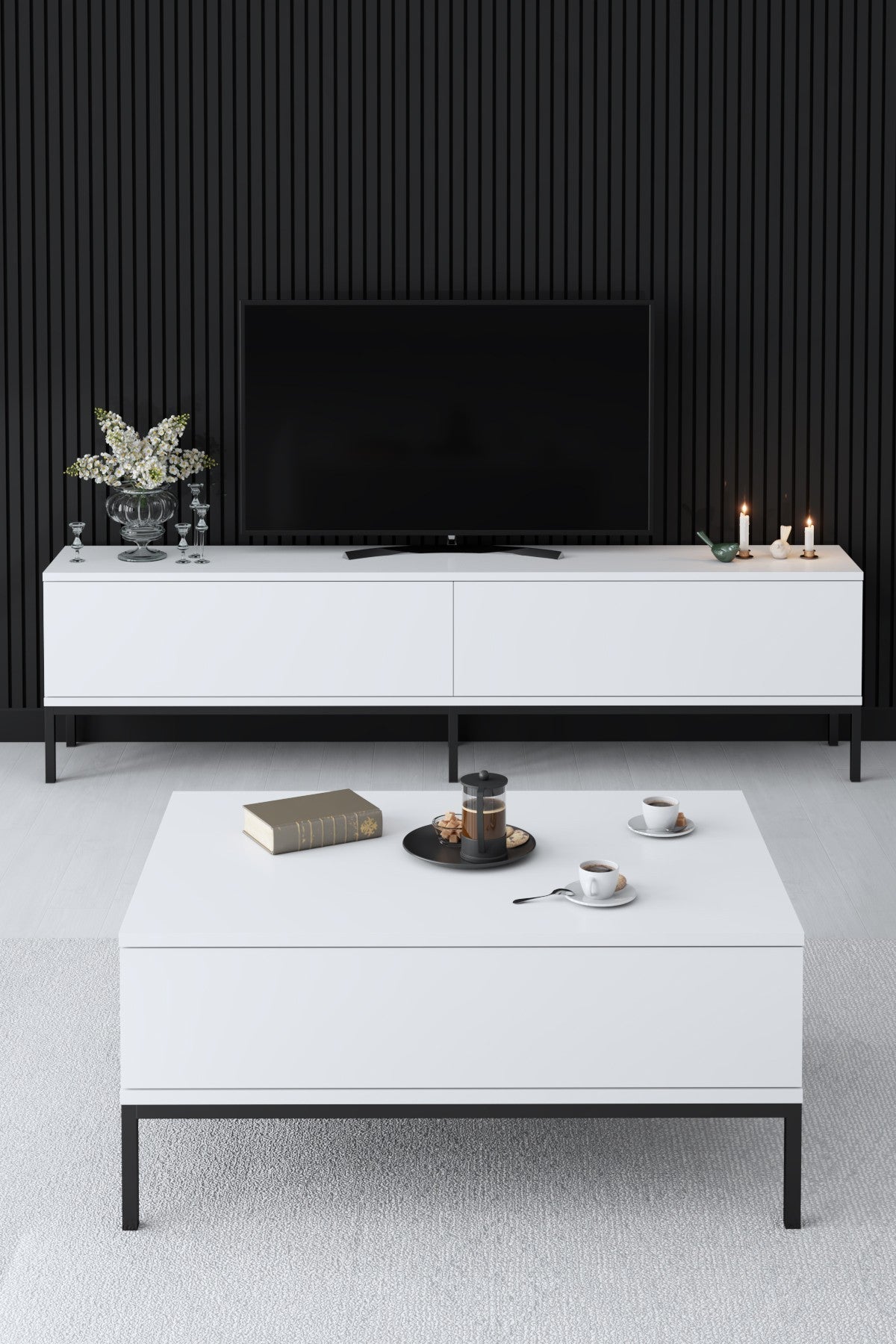 TV furniture Lord black white melamine 180x47x30 cm