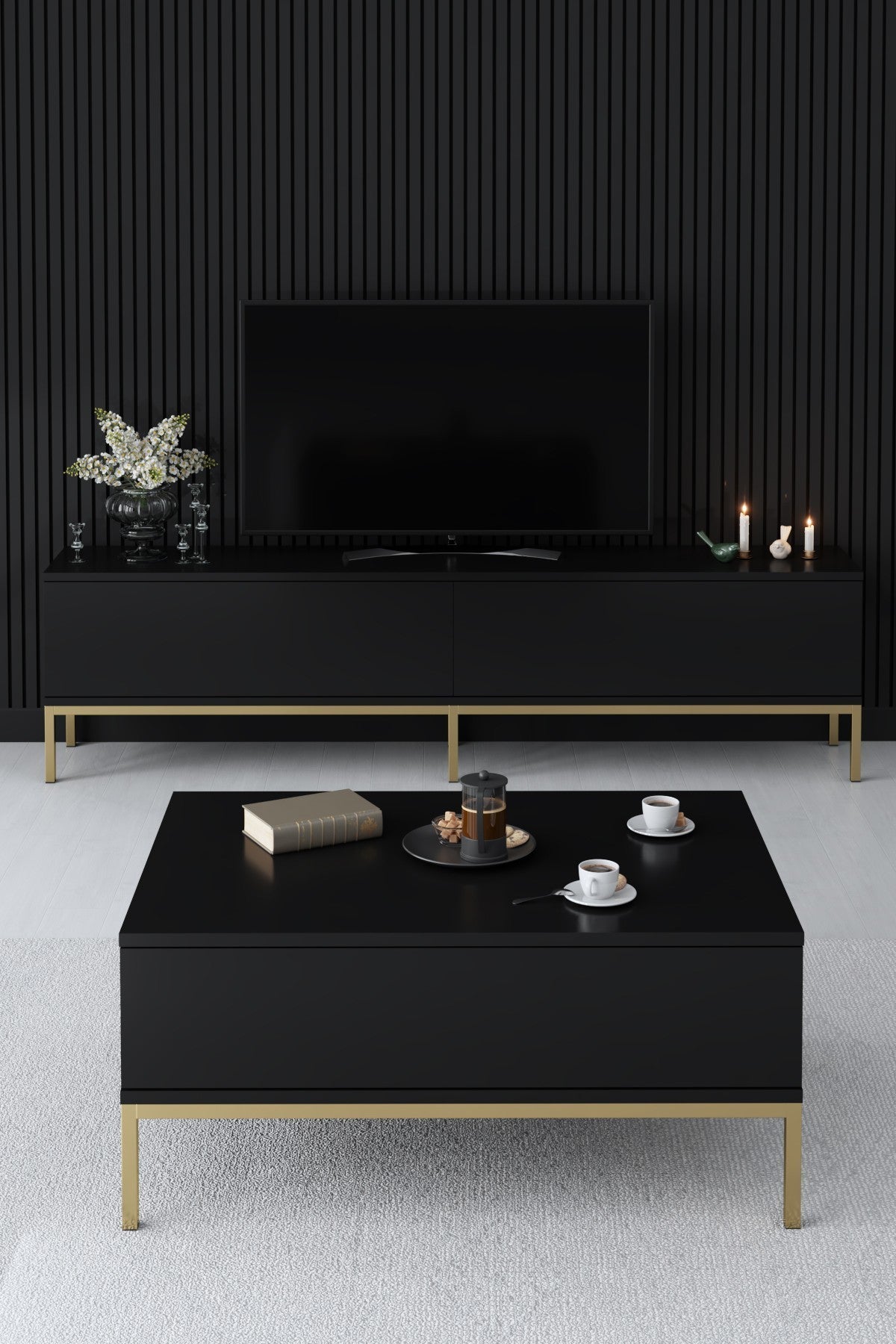 TV furniture Lord black gold melamine 180x47x30 cm