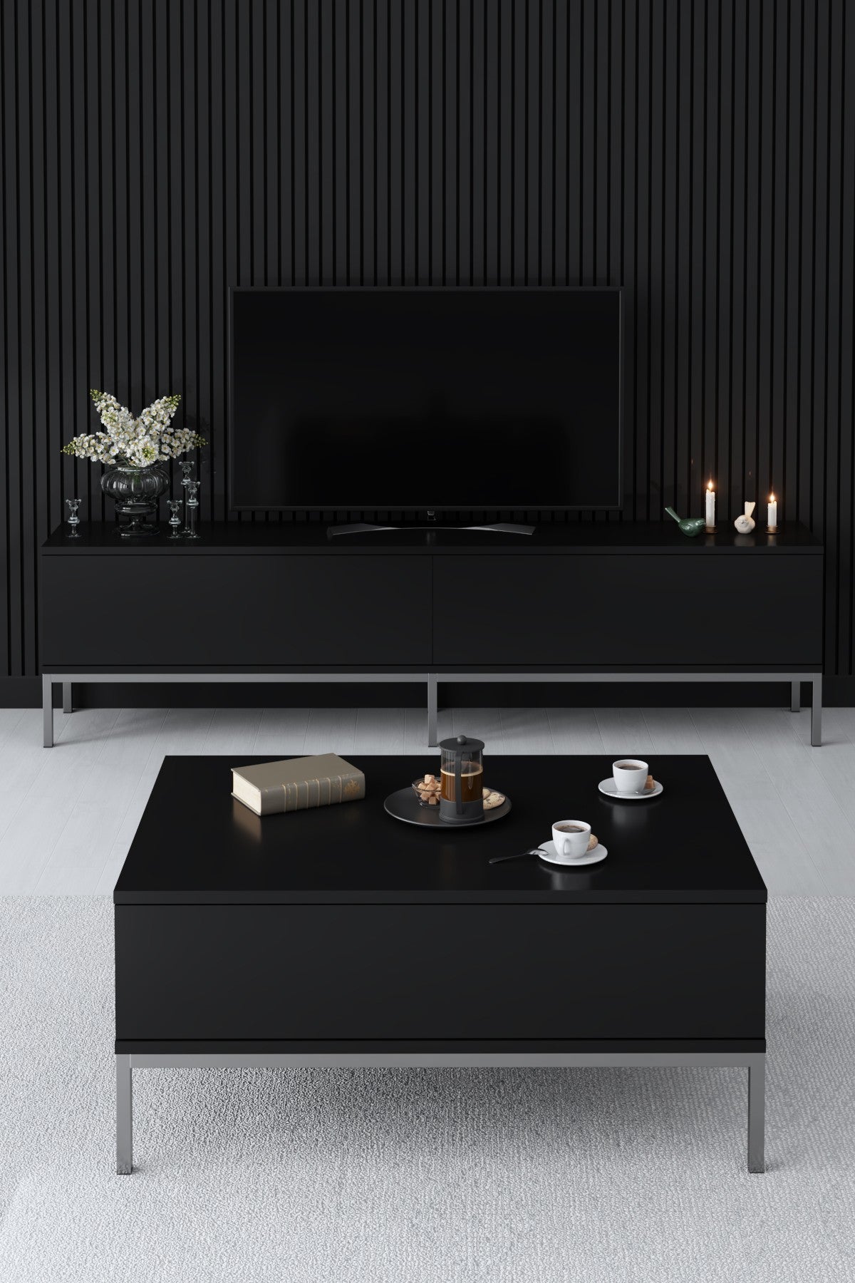 TV furniture Lord black silver melamine 180x47x30 cm