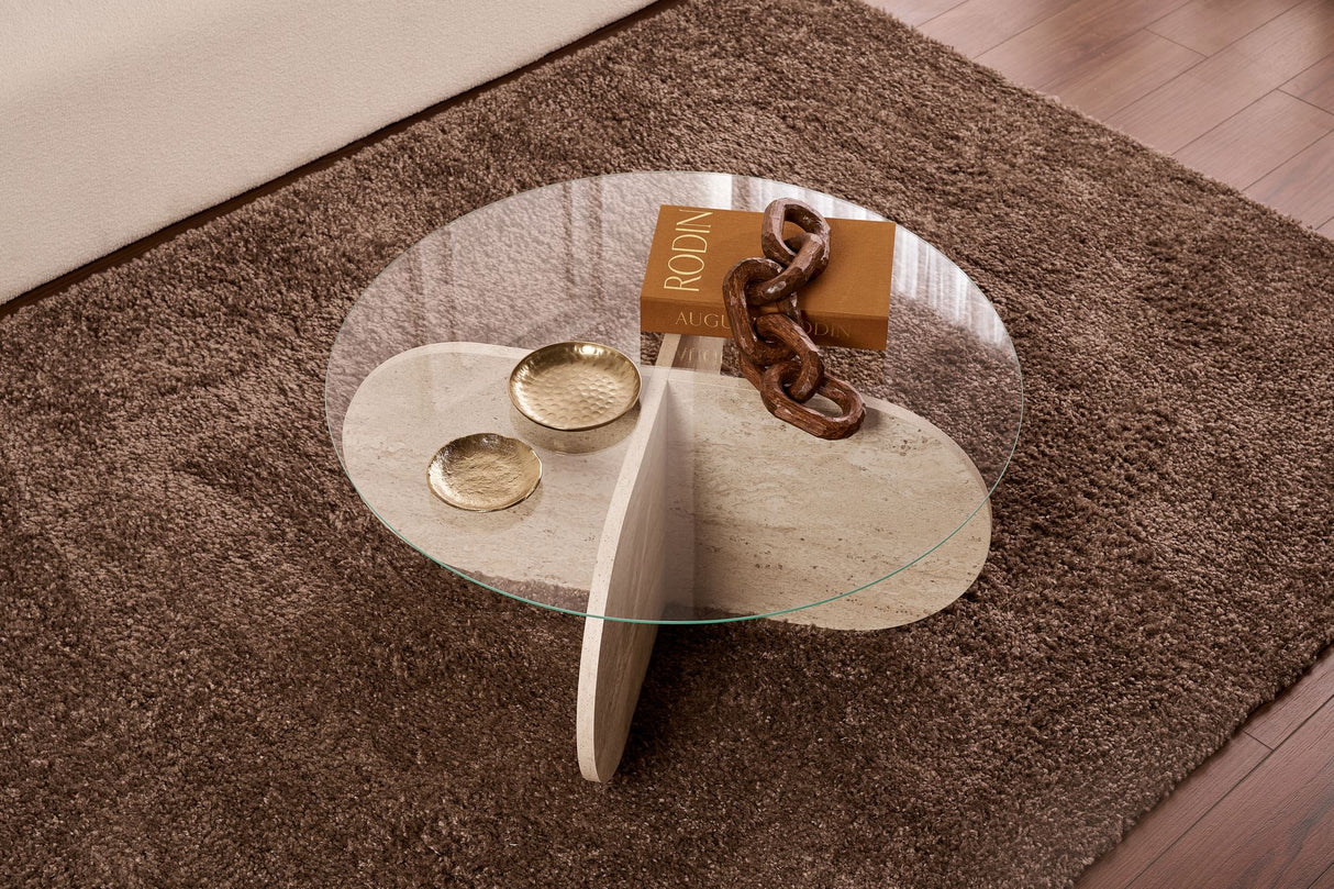 Aris Round Coffee Table 75 cm Glass - Travertine Base 