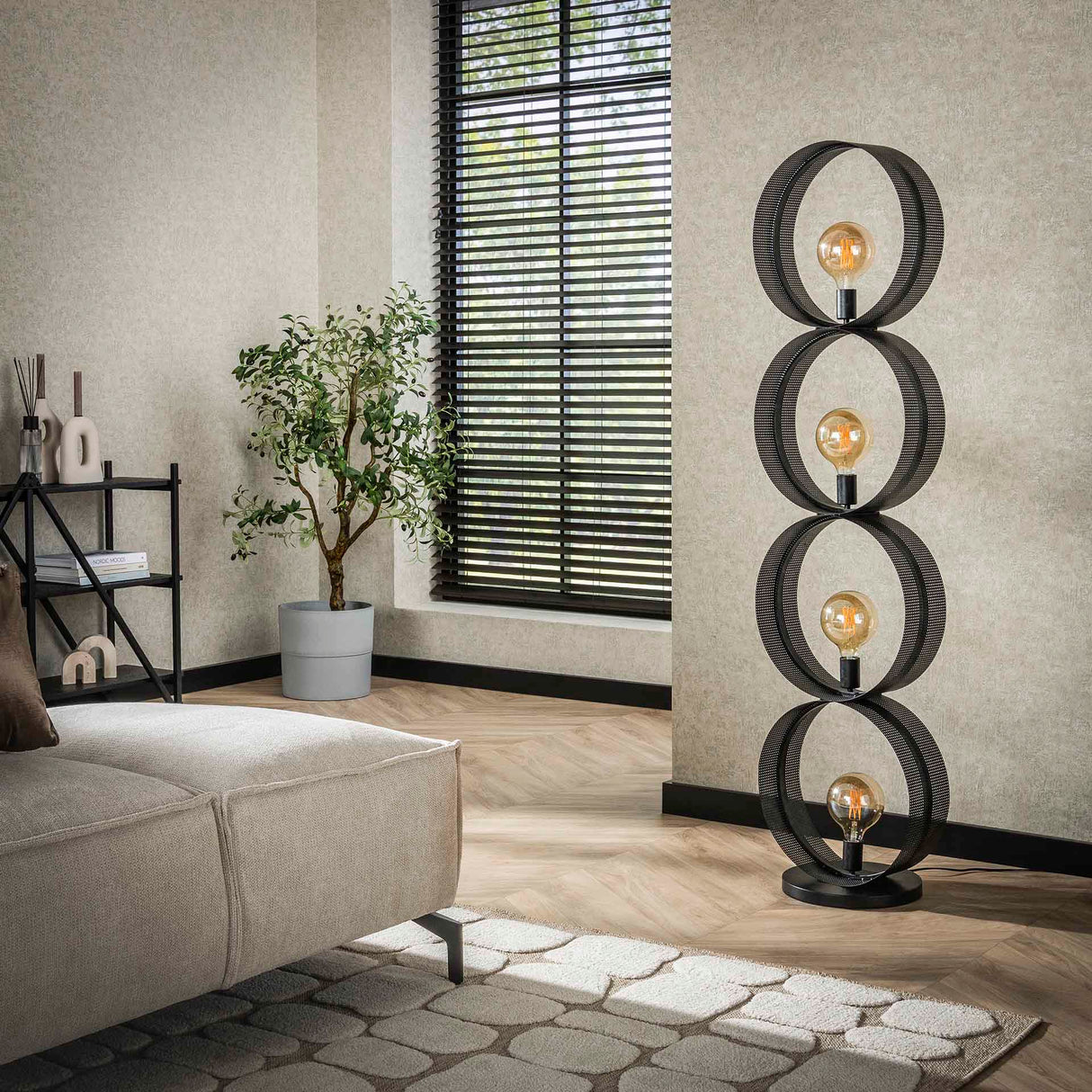 Floor lamp Fons 4-light rings metal black 