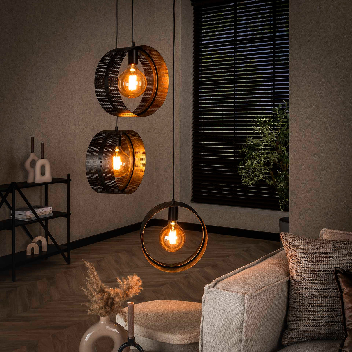Pendant lamp Fons 3-light stepped rings metal black 