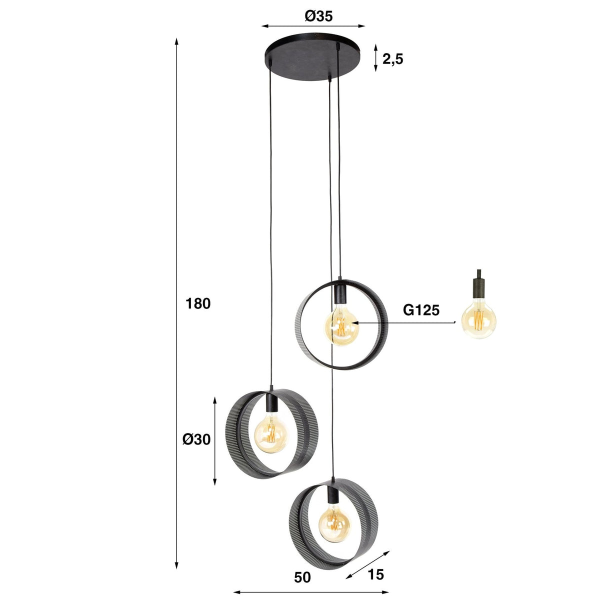 Pendant lamp Fons 3-light stepped rings metal black 