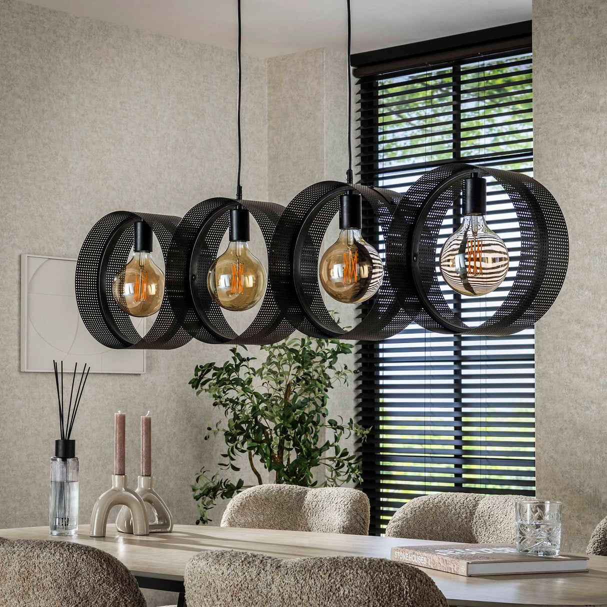 Pendant lamp Fons 4-lights rings metal black 