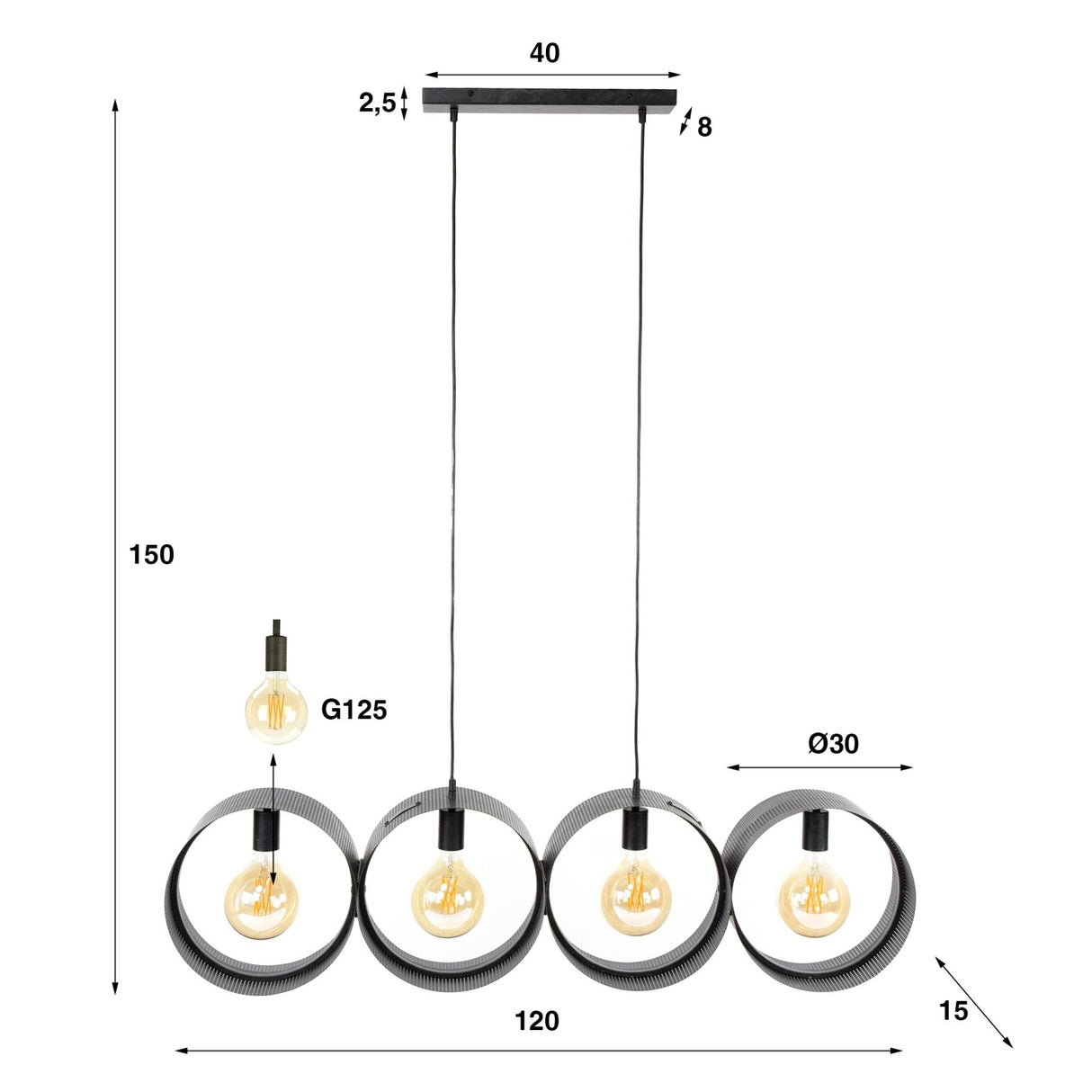 Pendant lamp Fons 4-lights rings metal black 