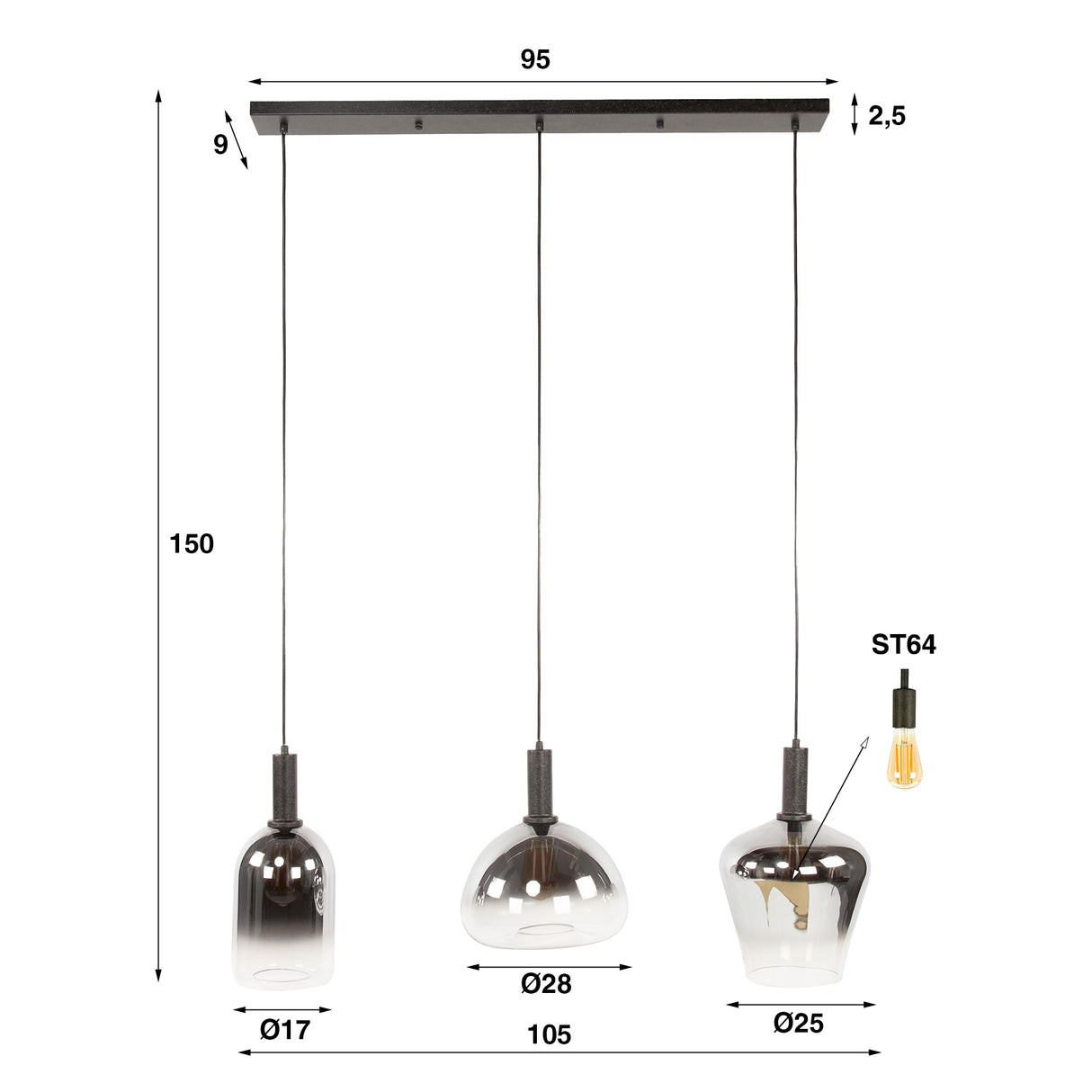 Pendant lamp Nexus 3-lights Black Metal 105 cm 