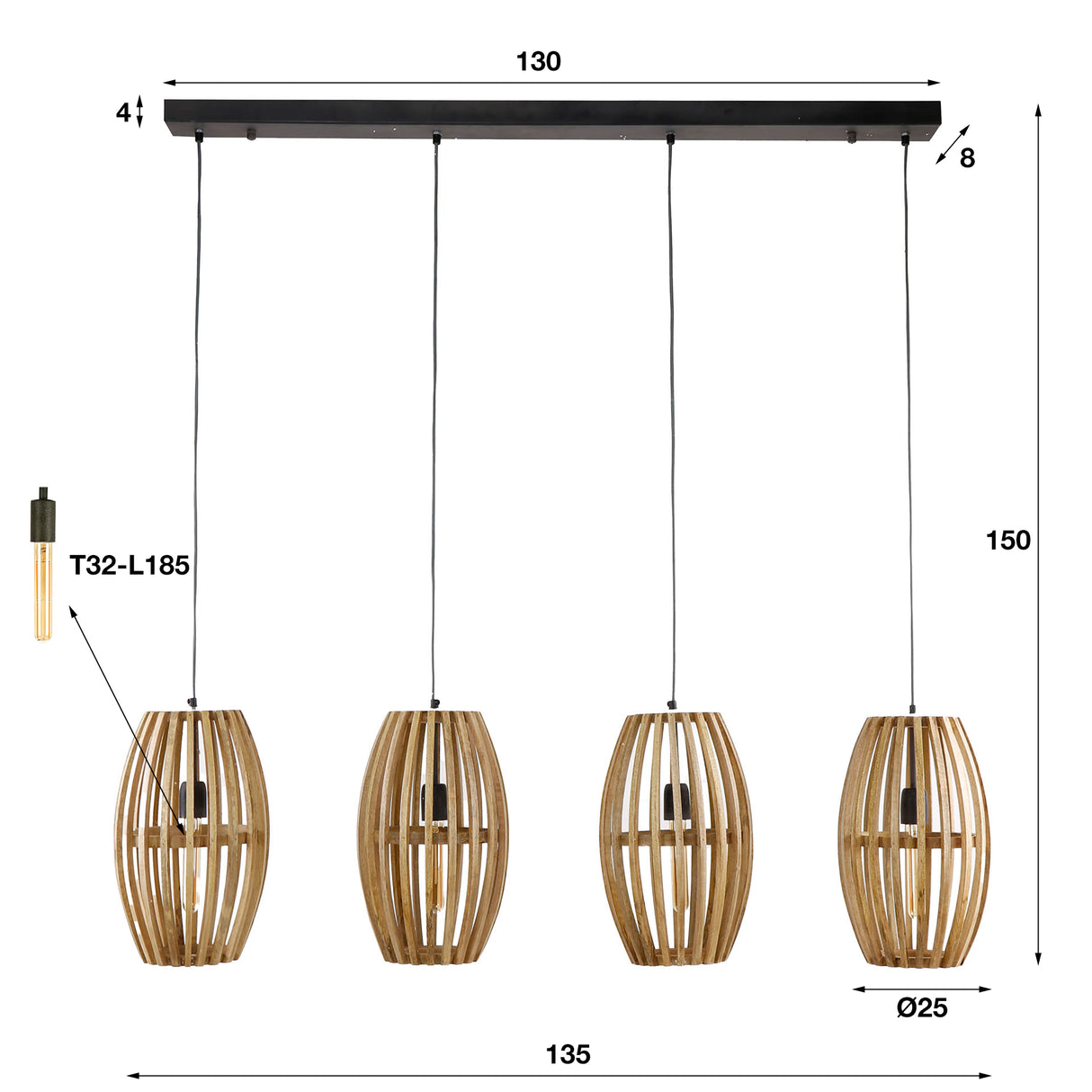 Hanging lamp Jalou Mango wood 4 light sources 135 cm