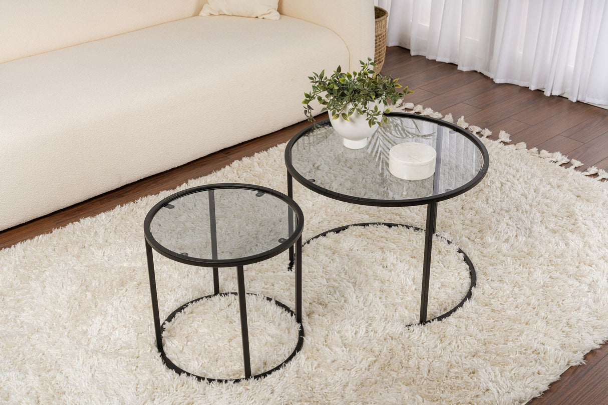 Coffee table set of 2 Round Glass - Black Frame - 60, 42 cm 
