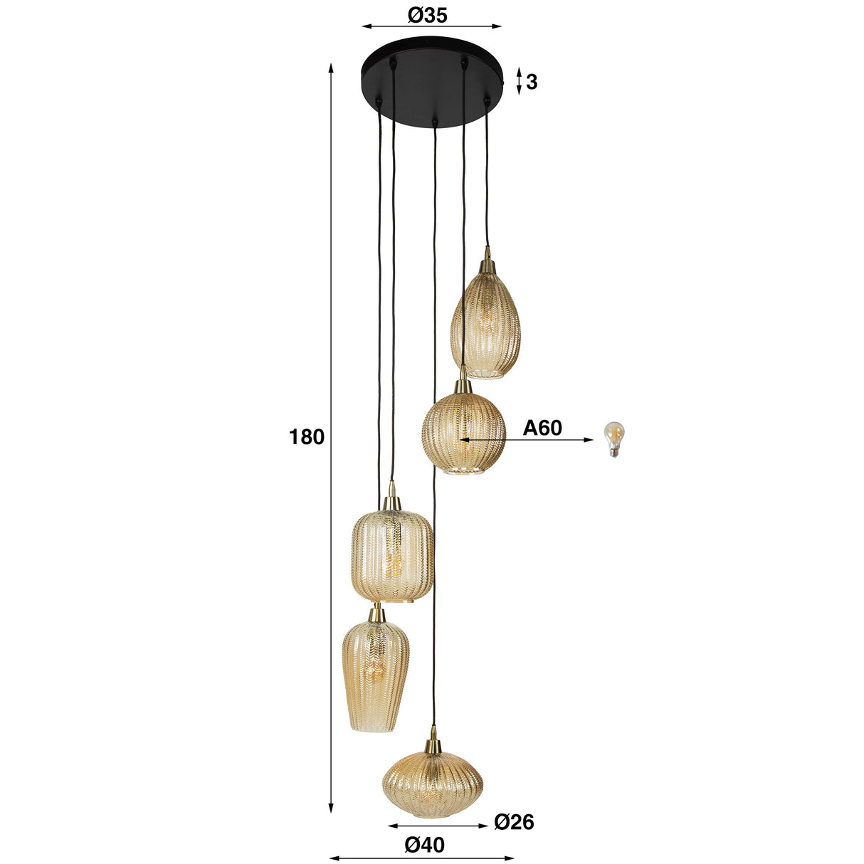 Glass hanging lamp Olaf 5-Light Amber Gold