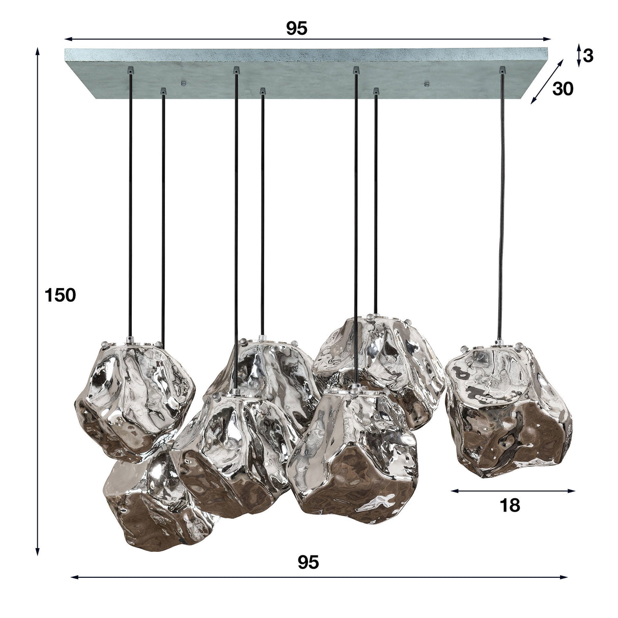 Hanglamp Rocks DH Interior Chromed LxBxH 104x55x36 Glas Witfoto maatindicatie