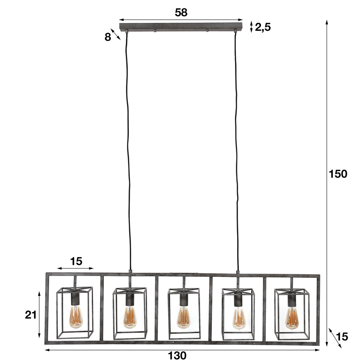 Hanglamp Hardin DH Interior Zilver LxBxH 136x46x21 Zilver Witfoto maatindicatie