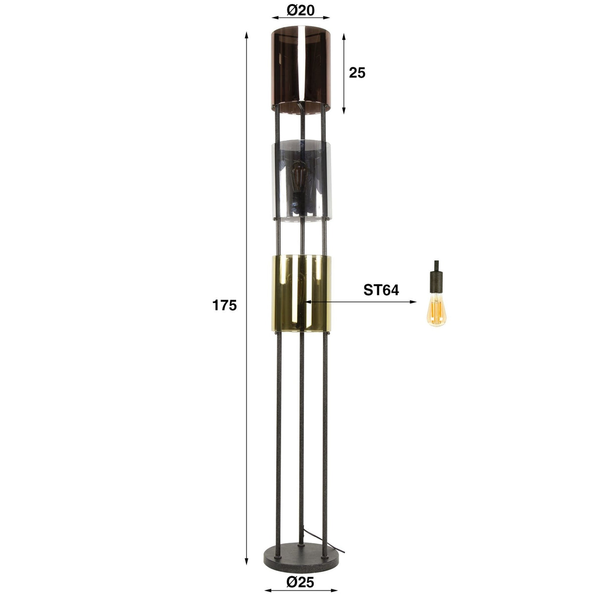 Floor Lamp Nox 3-lights Black Metal 175 cm 
