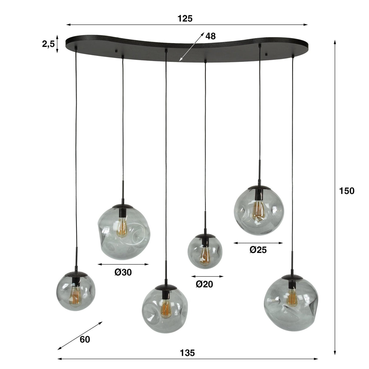 Industrial Hanging Lamp Nova Black 6-light Bar 135 cm 