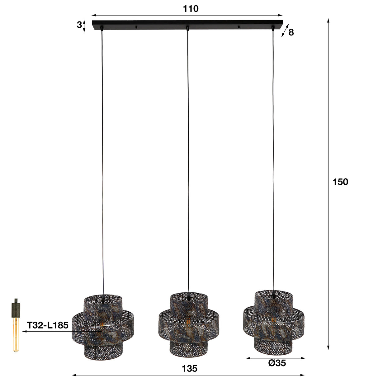 Hanging lamp Luc 3-light metal black brown