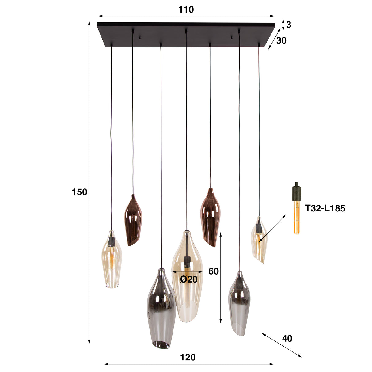 Hanging lamp Coco 7-light colored glass