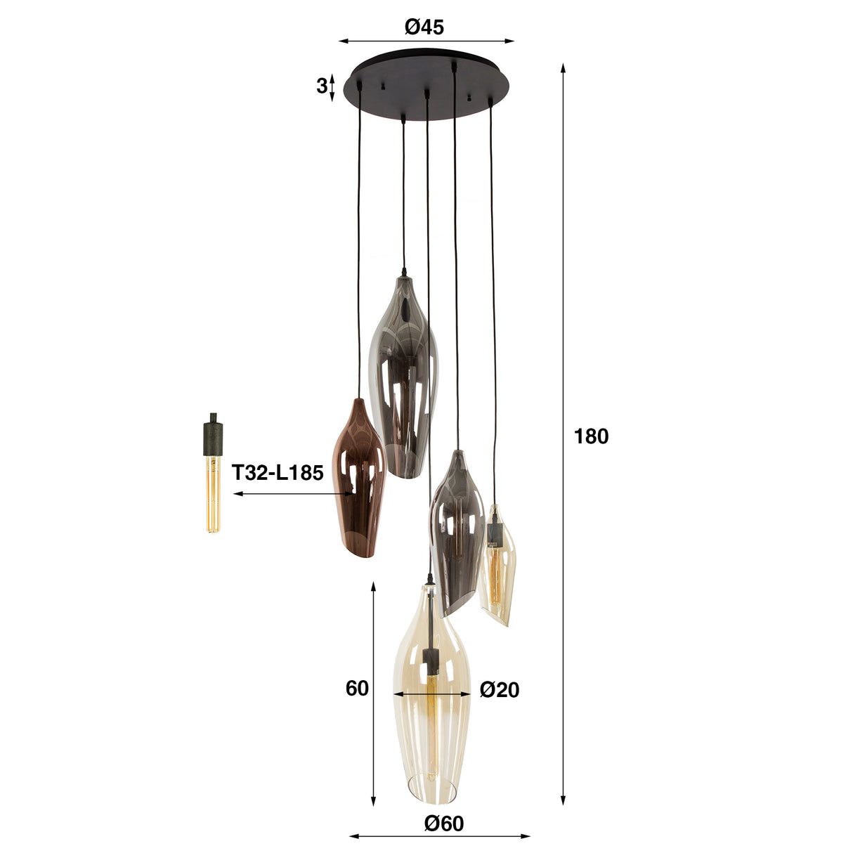 Hanging lamp Coco 7-light colored glass