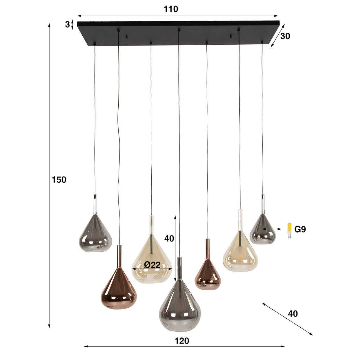 Hanging lamp Coco 7-light colored glass