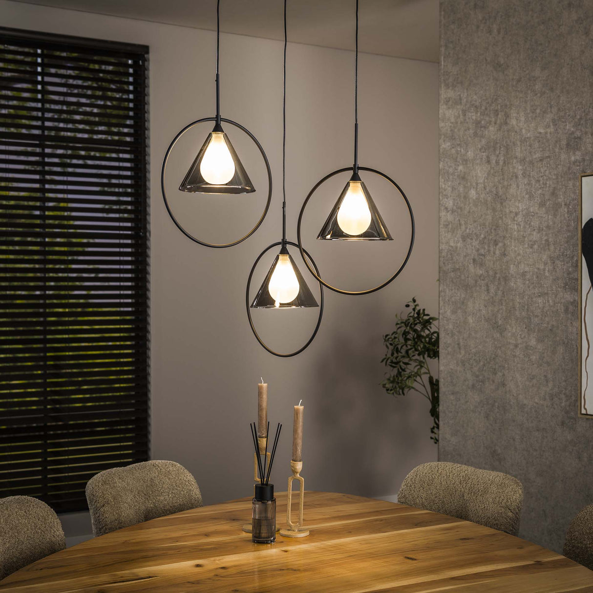 Pendant lamp Niaz 3-light tapered shade stepped smoke grey glass 