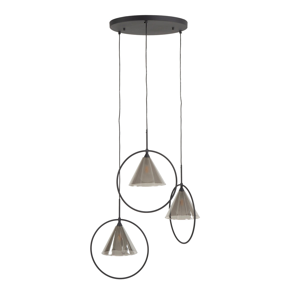 Pendant lamp Niaz 3-light tapered shade stepped smoke grey glass 