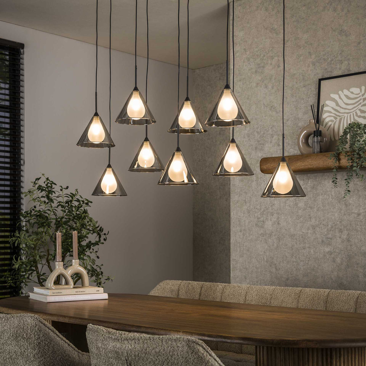 Pendant lamp Niaz 7-lights tapered shade smoke grey glass 