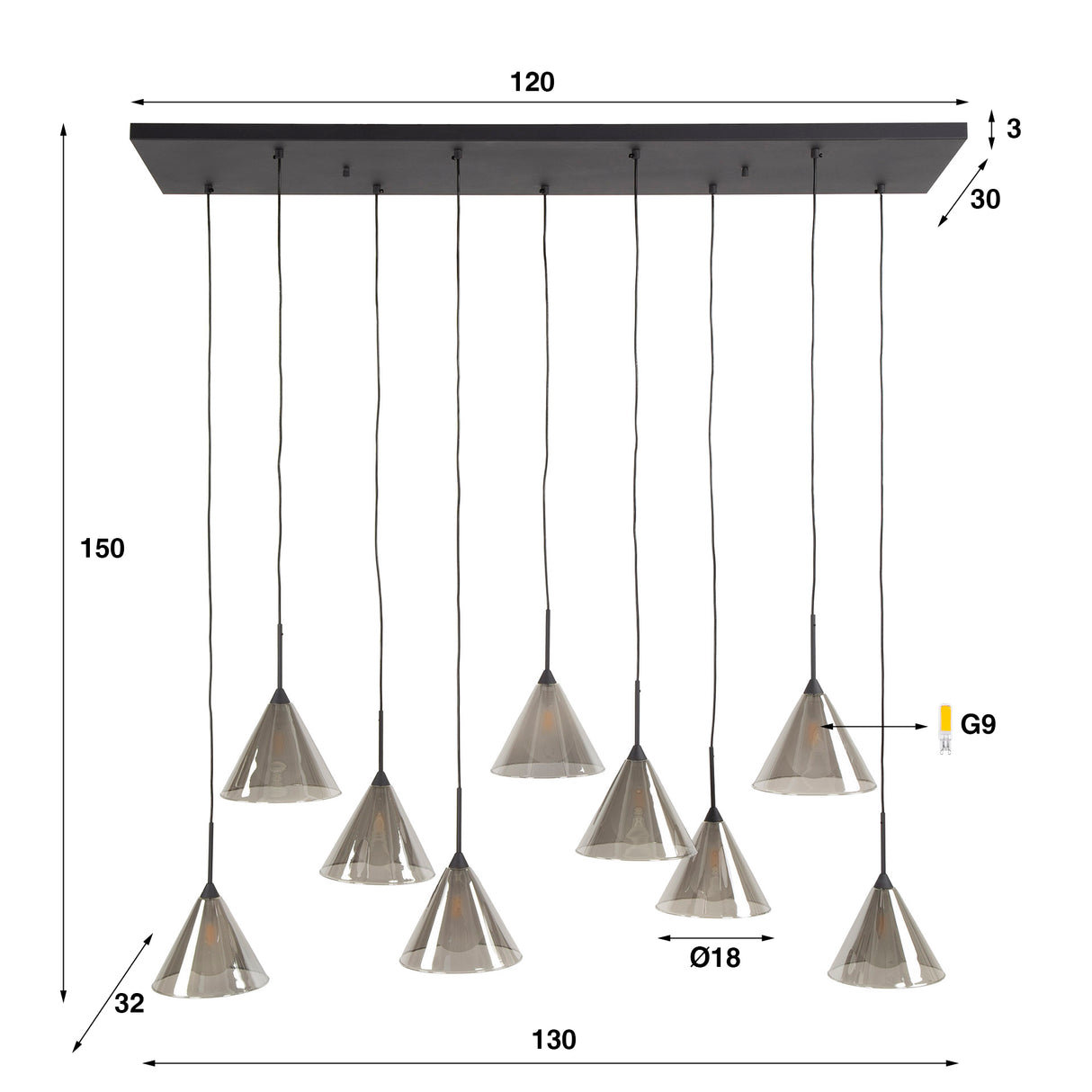 Pendant lamp Niaz 7-lights tapered shade smoke grey glass 