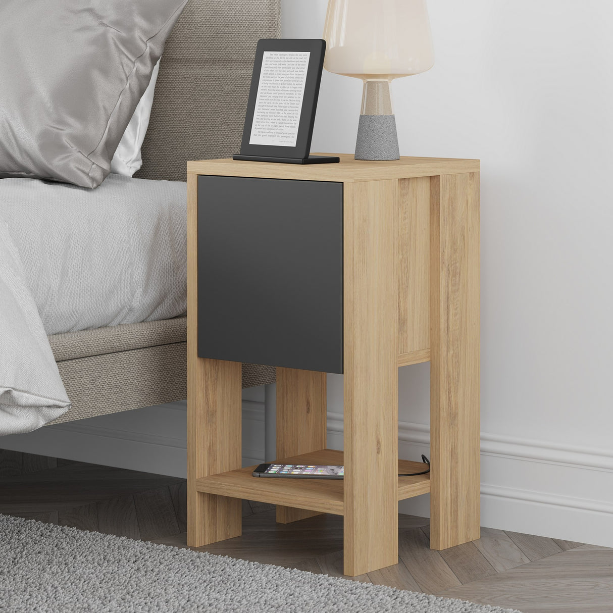 Bedside table EMA oak anthracite melamine 30x55x30 cm