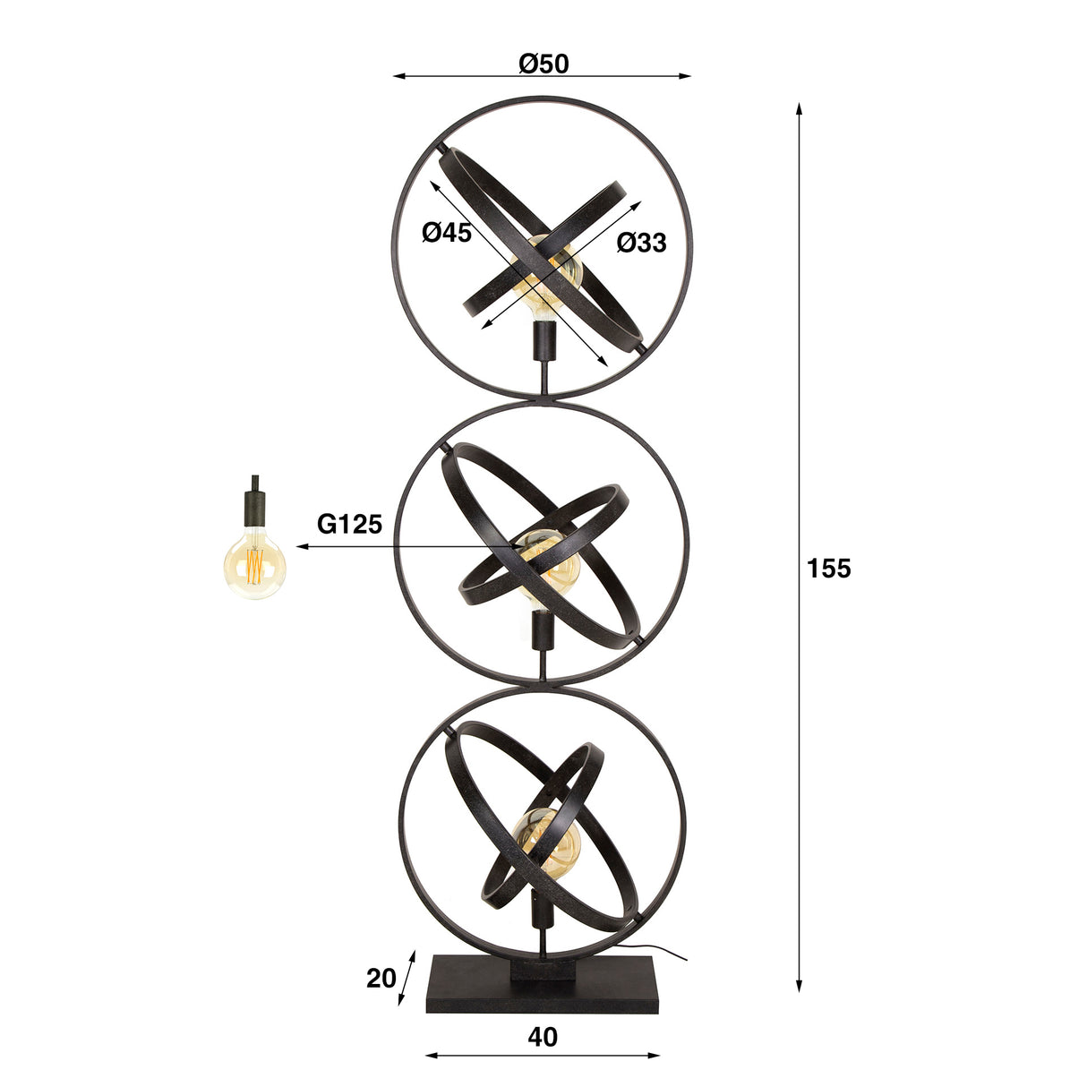 Galaxy floor lamp 3-light black metal 