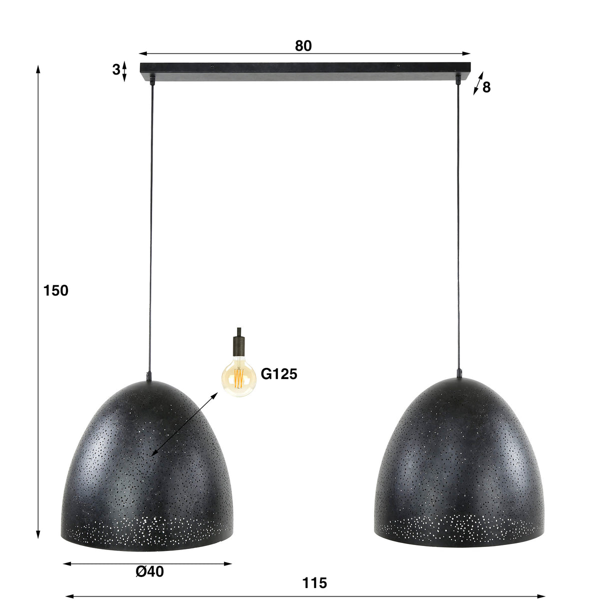 Hanging lamp Kylian 2-light metal black