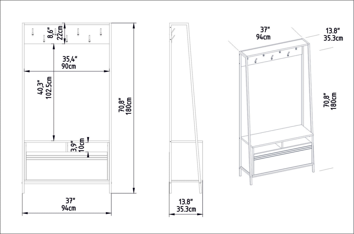 Wardrobe Furniture Coat Rack Walnut Melamine Devon - With Compartments and Drawer 