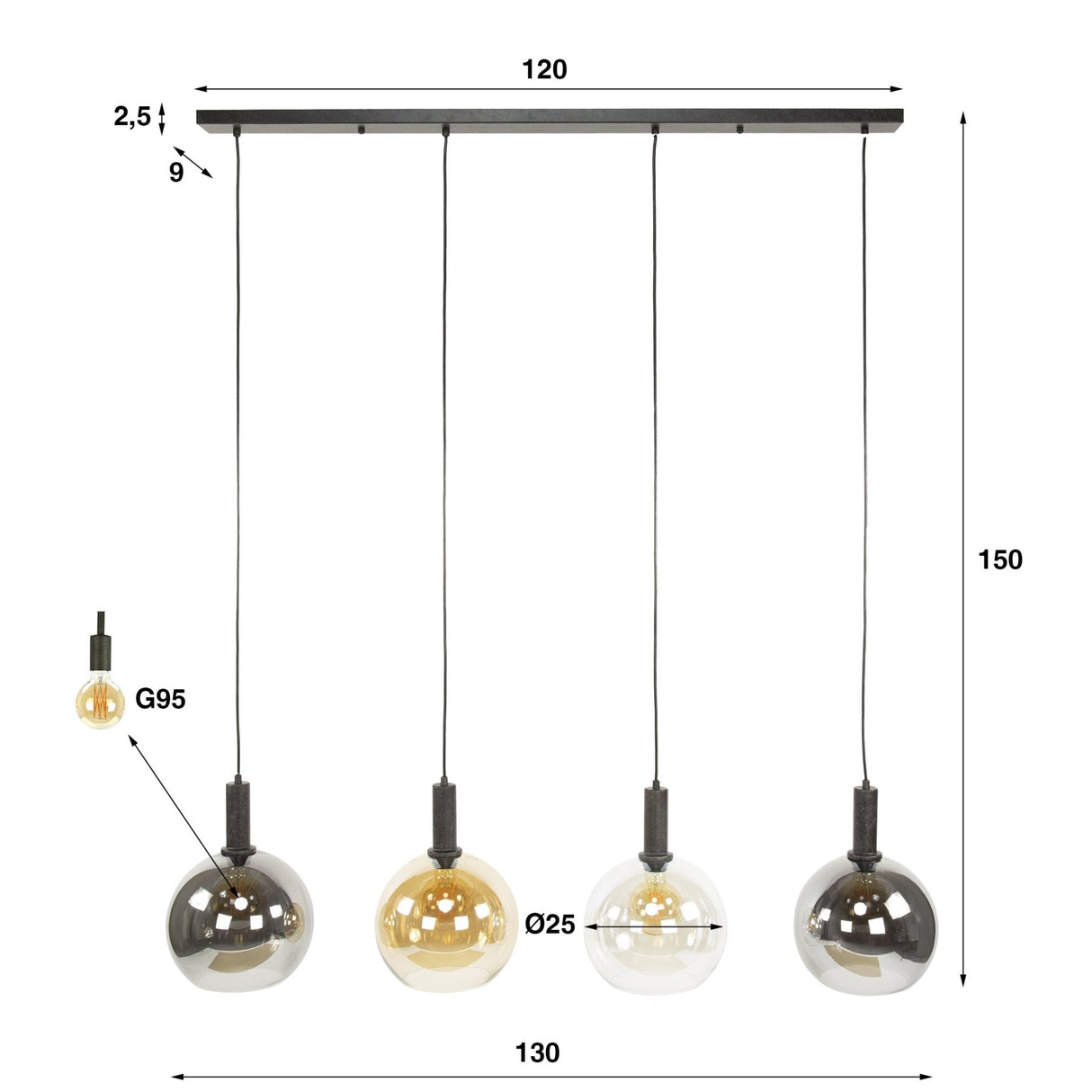Hanging lamp Valeo 4-lights Black Metal 135 cm 