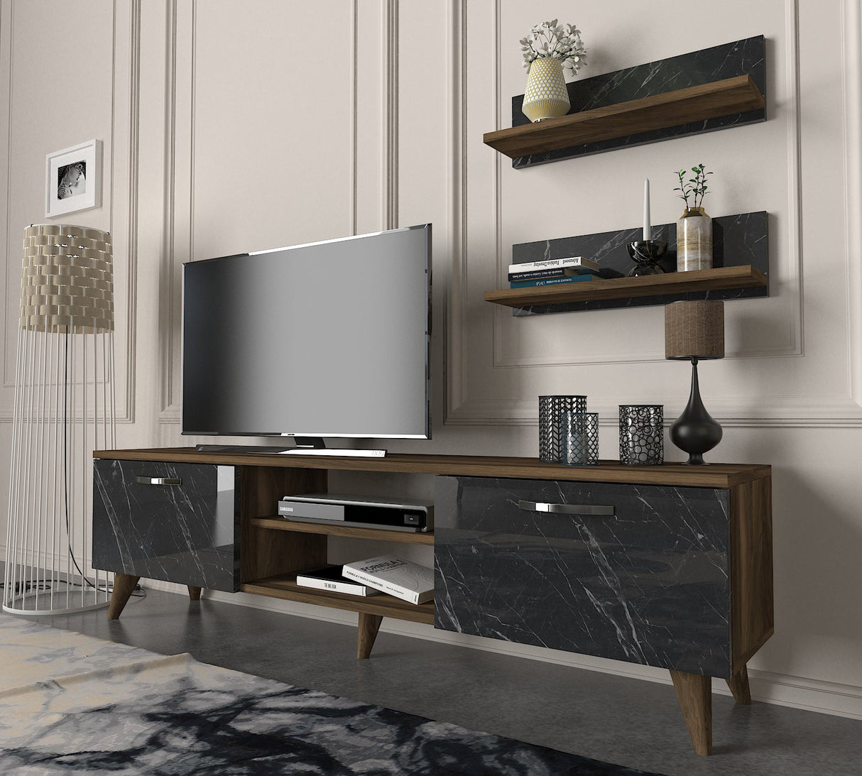 TV furniture set ayden walnut marble melamine 150x40.6x29.5 cm