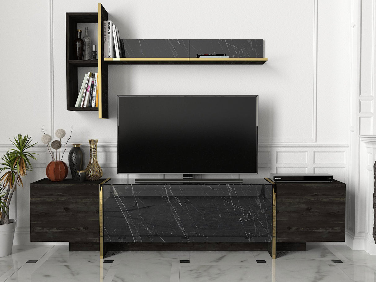 TV furniture set Veyron Black Gold Melamine 180x45x32.3 cm