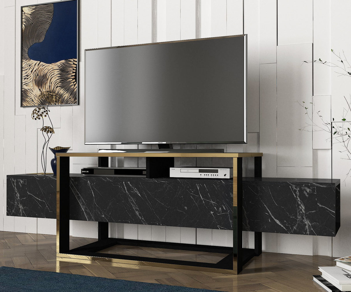 TV furniture bianco black gold melamine 160x49.8x46.1 cm