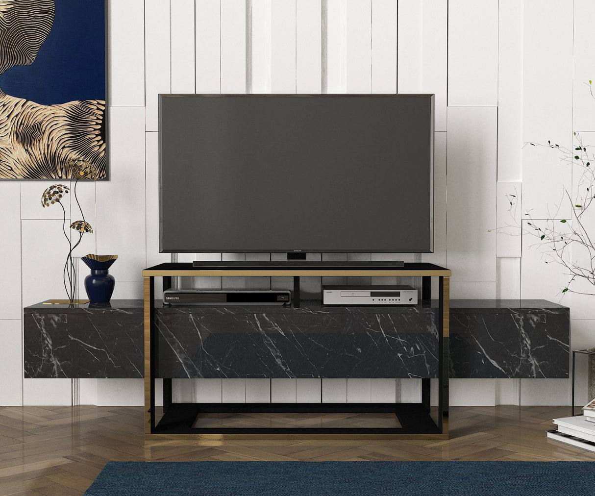 TV furniture bianco black gold melamine 160x49.8x46.1 cm