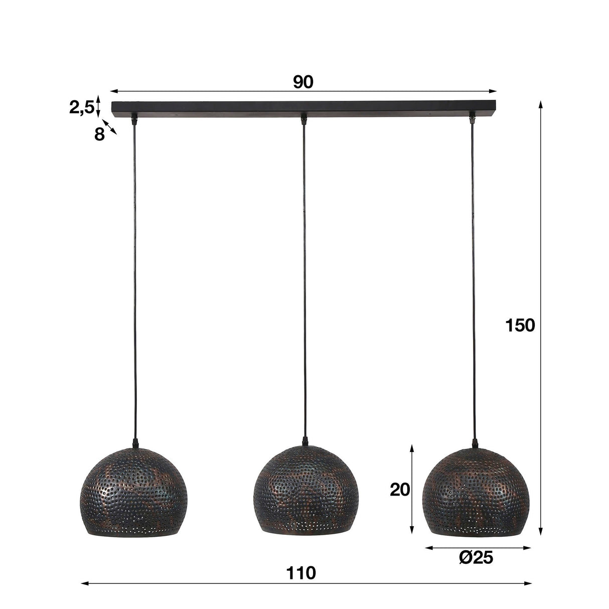 Hanglamp Aya 3 Sphere DH Interior Bruin LxBxH 87x33x27 Zwart bruin Witfoto maatindicatie