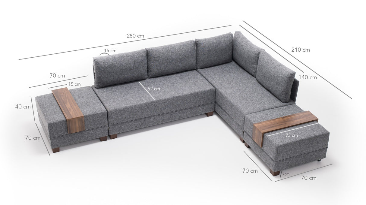 Corner sofa with sleeping function on the right fly gray