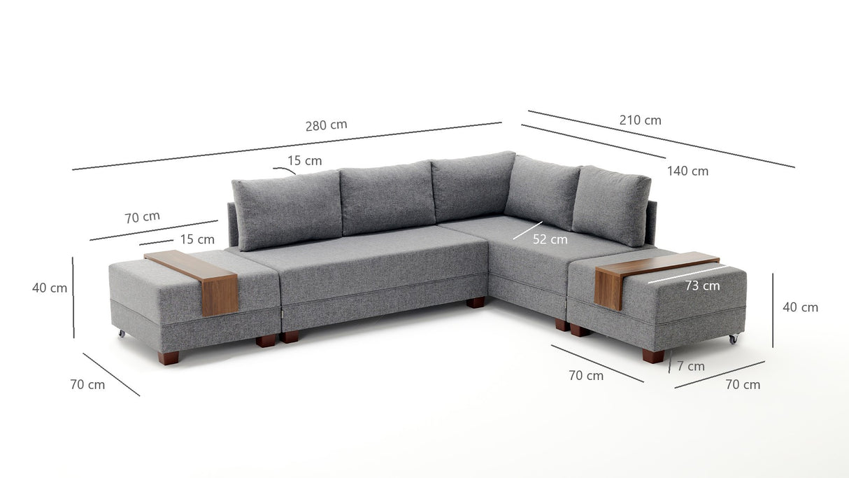 Corner sofa with sleeping function on the right fly brown