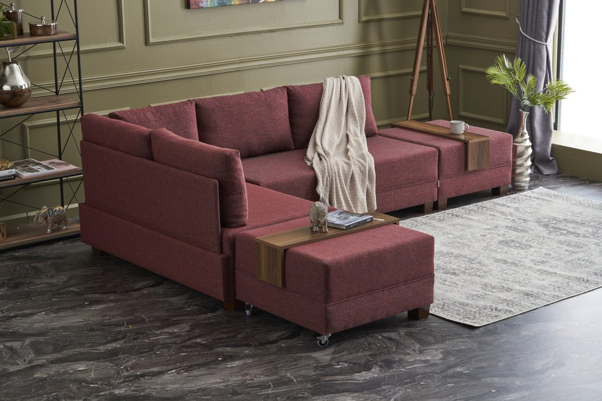 Corner sofa with sleeping function on the left fly claret red