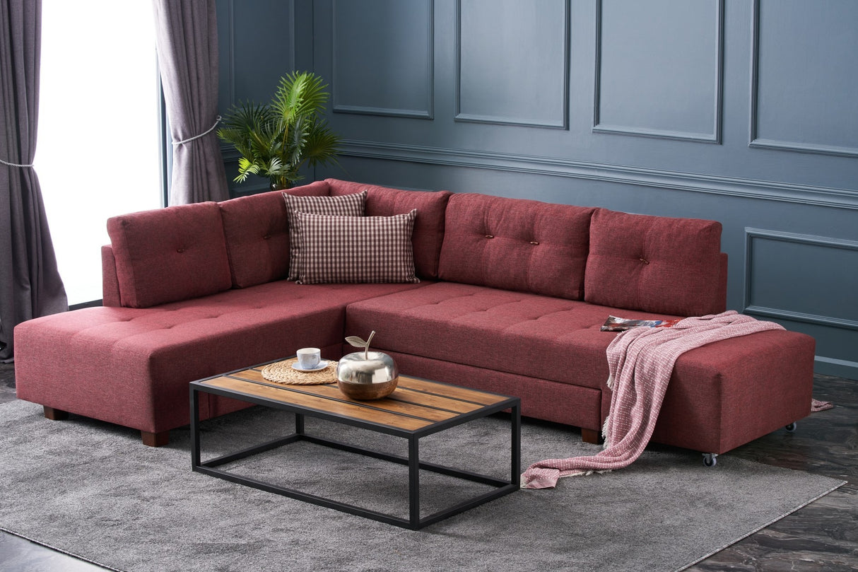 Corner sofa with sleeping function on the left manama claret red