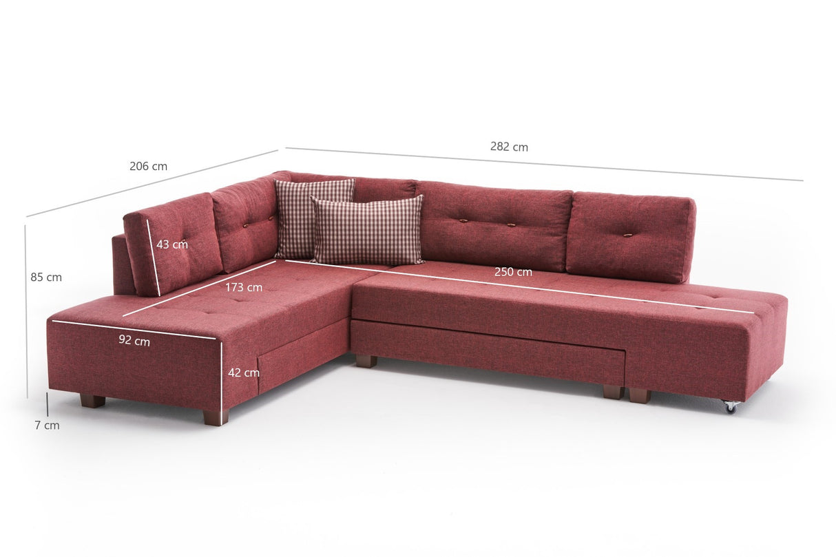 Corner sofa with sleeping function on the left manama claret red