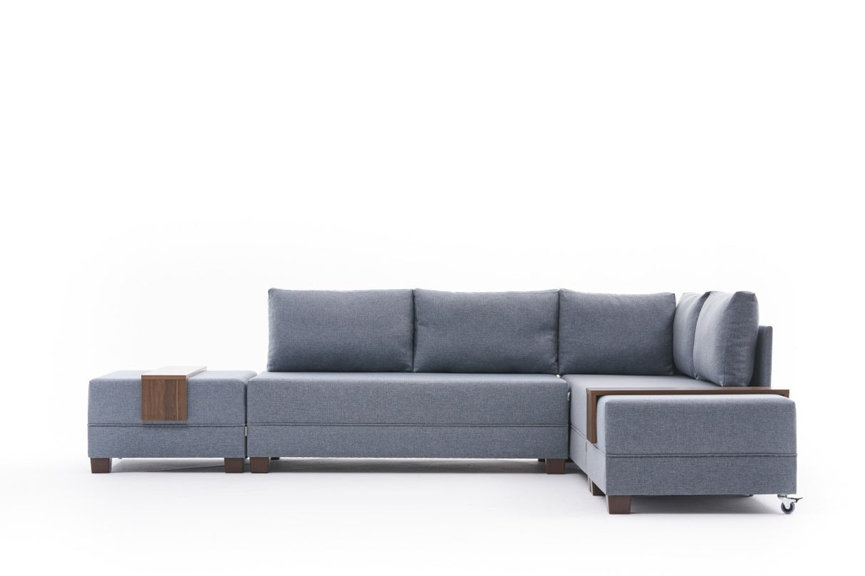 Corner sofa with sleeping function on the right fly blue