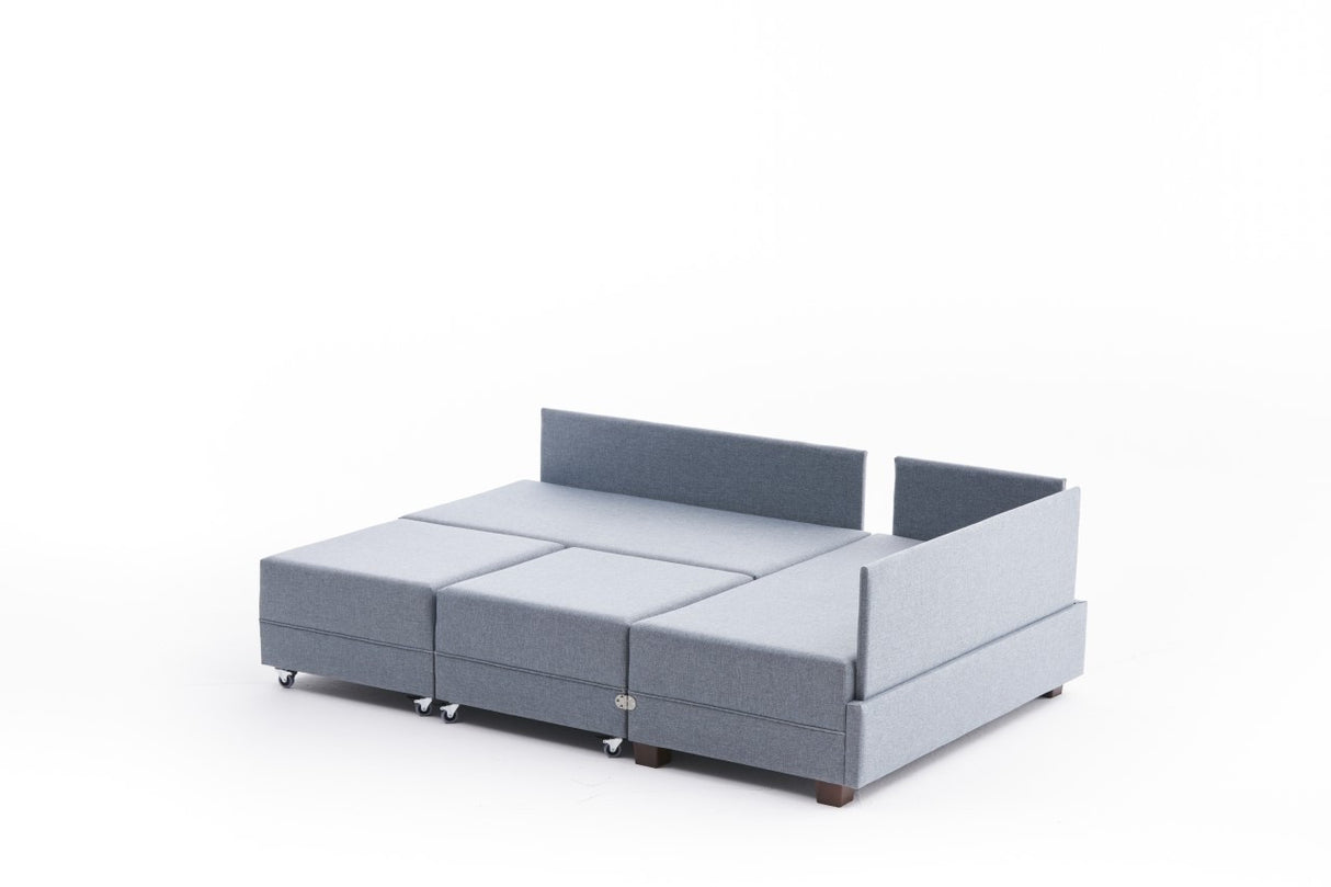 Corner sofa with sleeping function on the right fly blue